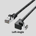 Black Cat6 Ethernet cable with right-angle metal RJ45 connector showing different orientation options