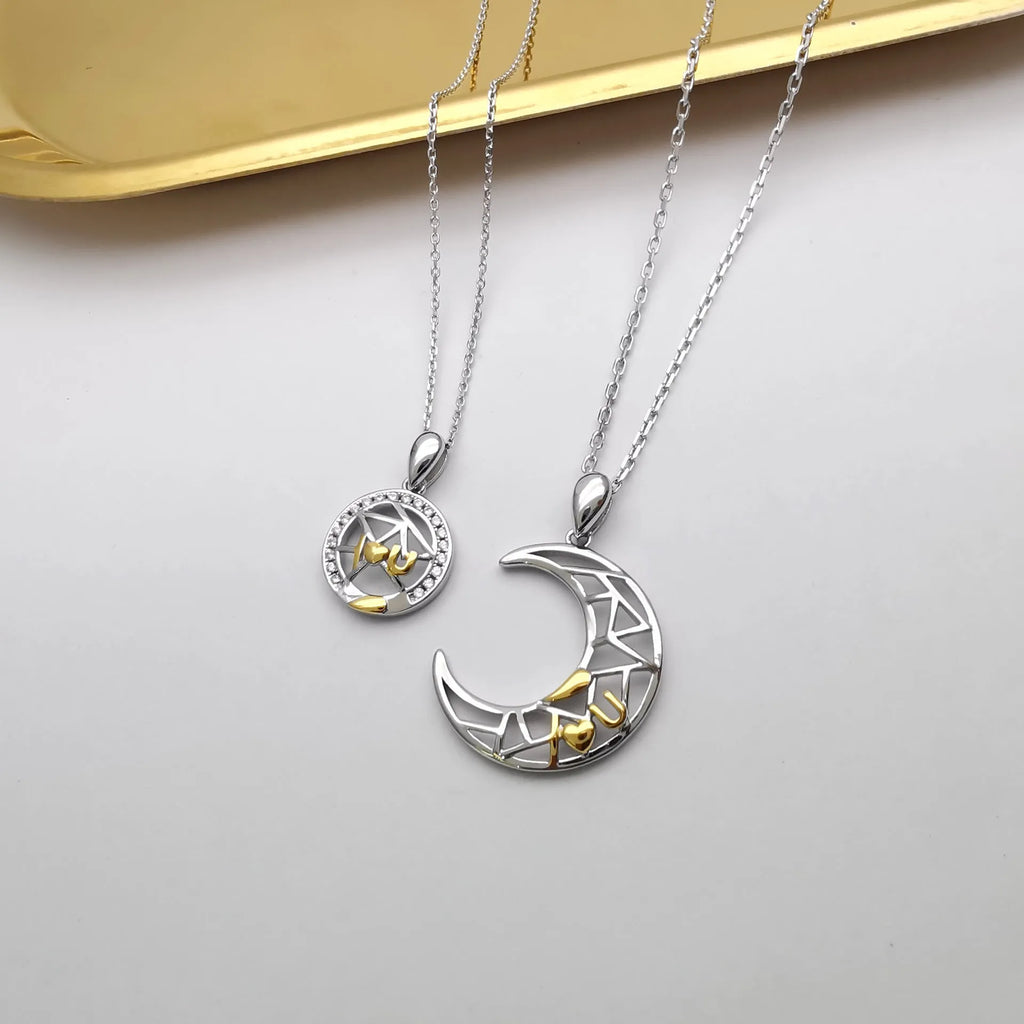 Sun Moon Tooth Couple Necklace with electroplated copper pendant and cross chain in celestial design