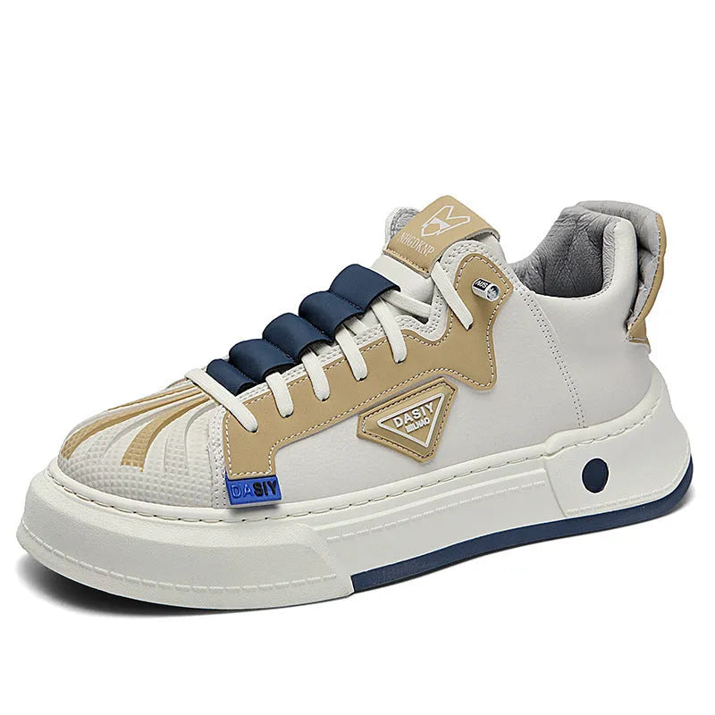 Men's beige low-top casual sneakers with elastic band and round toe on a white background.
