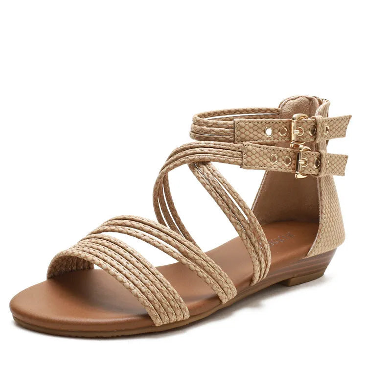 Women's open toe Roman sandals with cross straps, thick rubber sole, and back zipper in apricot colour