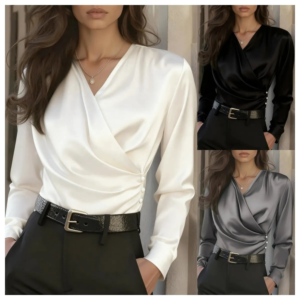Polyester V-neck slim fit long sleeve women's shirt in white, front view