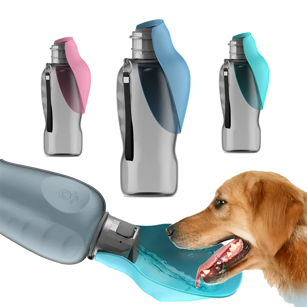 Blue grey portable dog water bottle with foldable drinking bowl extended, showing lock key.