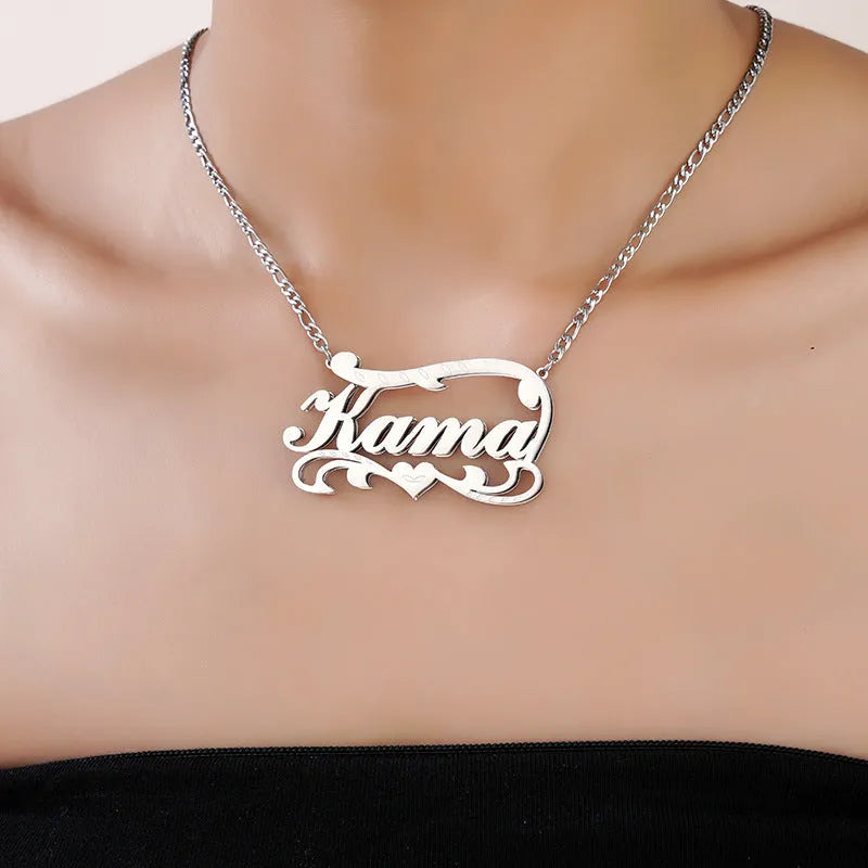 Double-layer wave heart pendant necklace with space for a custom name engraving, shown in gold and silver stainless steel.
