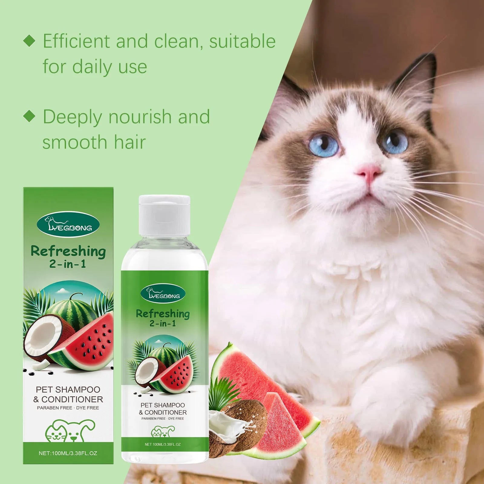 100ml bottle of pet 2-in-1 shampoo shower gel with watermelon and coconut scent.