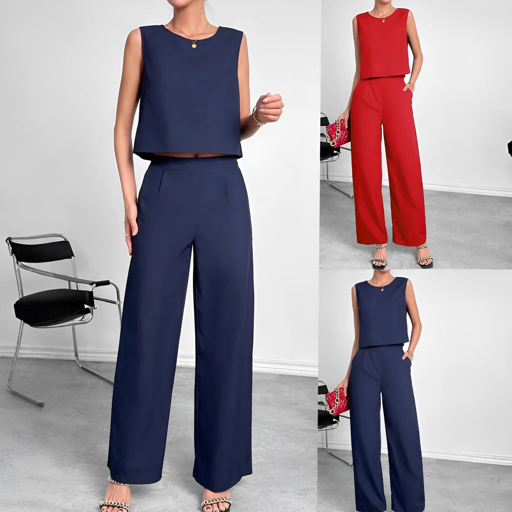Women's red polyester two-piece set with sleeveless round neck top and wide leg trousers