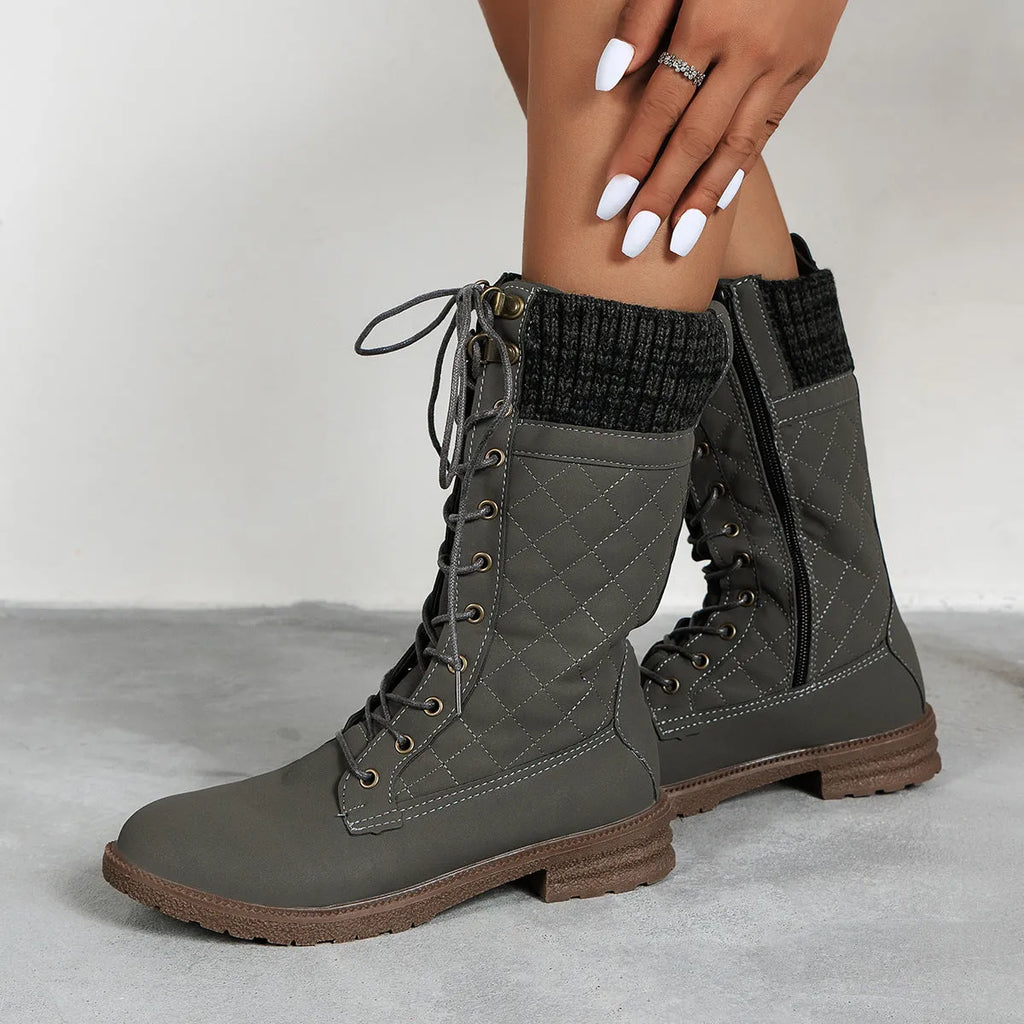 Women's lace up winter cowboy boots block heel round toe artificial PU in black dark brown grey