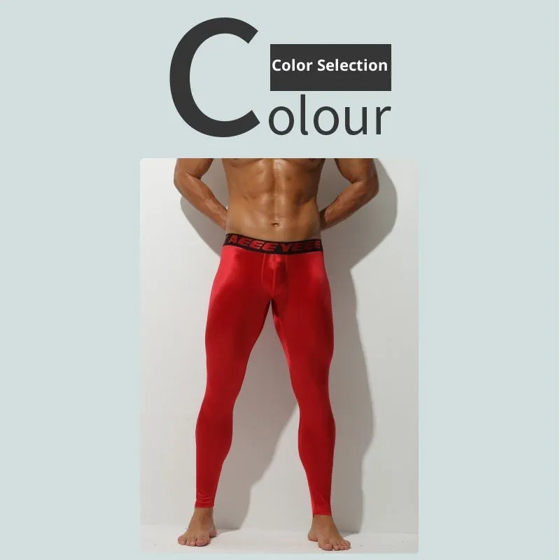 Men's ultra-thin thermal pants in black with low waist slim fit stretch nylon spandex fabric