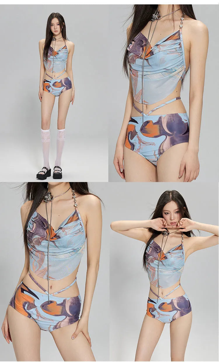 Blue printed women's three-piece bikini set with triangle top, bottoms, and skirt, showing steel support detail.