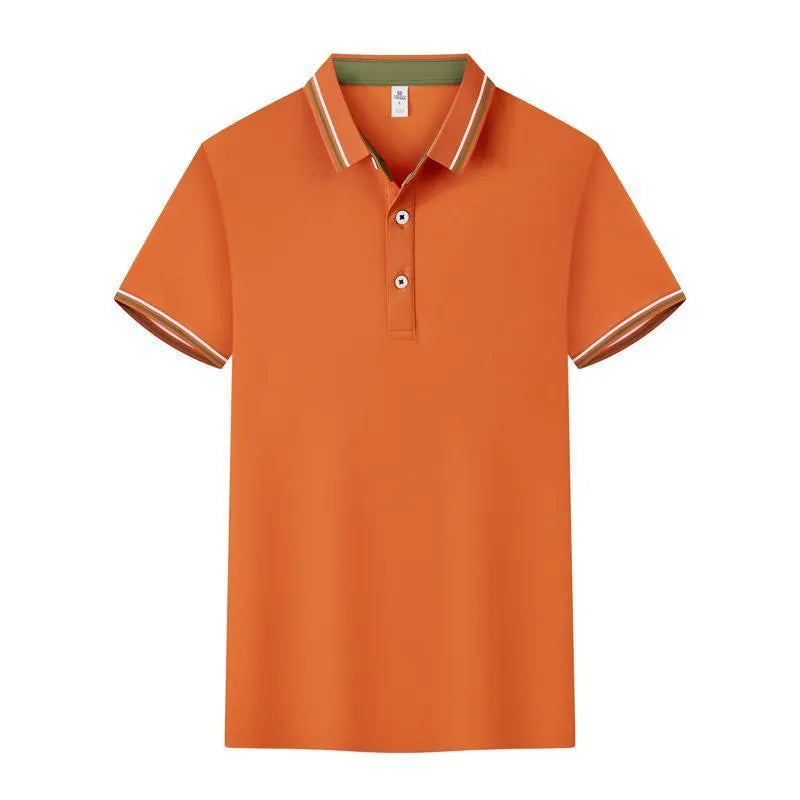 Men's slim fit cotton blend polo shirt with collar and short sleeves on a hanger.