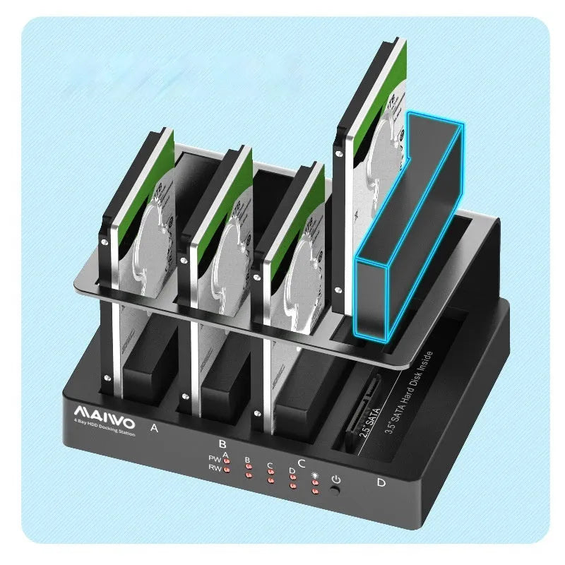 Four-bay external hard drive docking station with cables and four 2.5-inch drive brackets