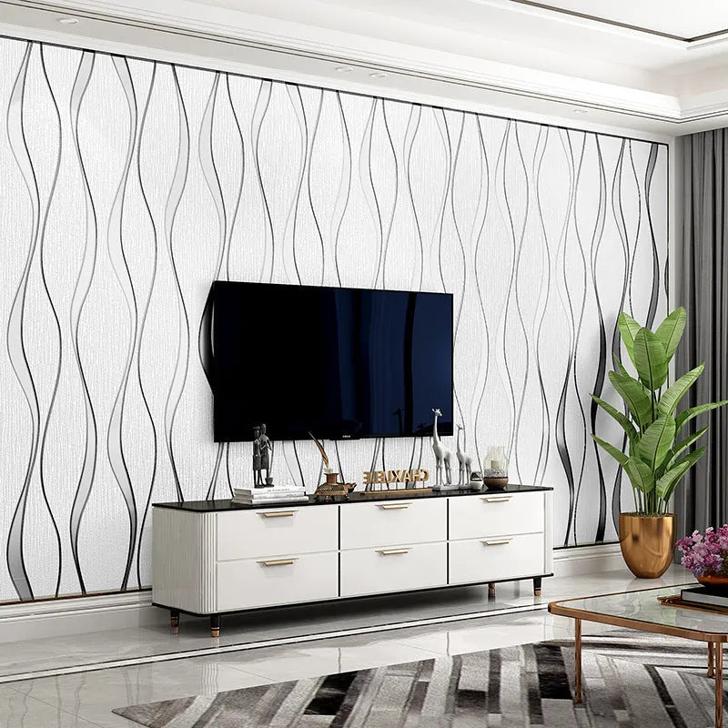 Curved stripe 3D textured wallpaper roll in deerskin velvet finish, light grey and dark brown colour options