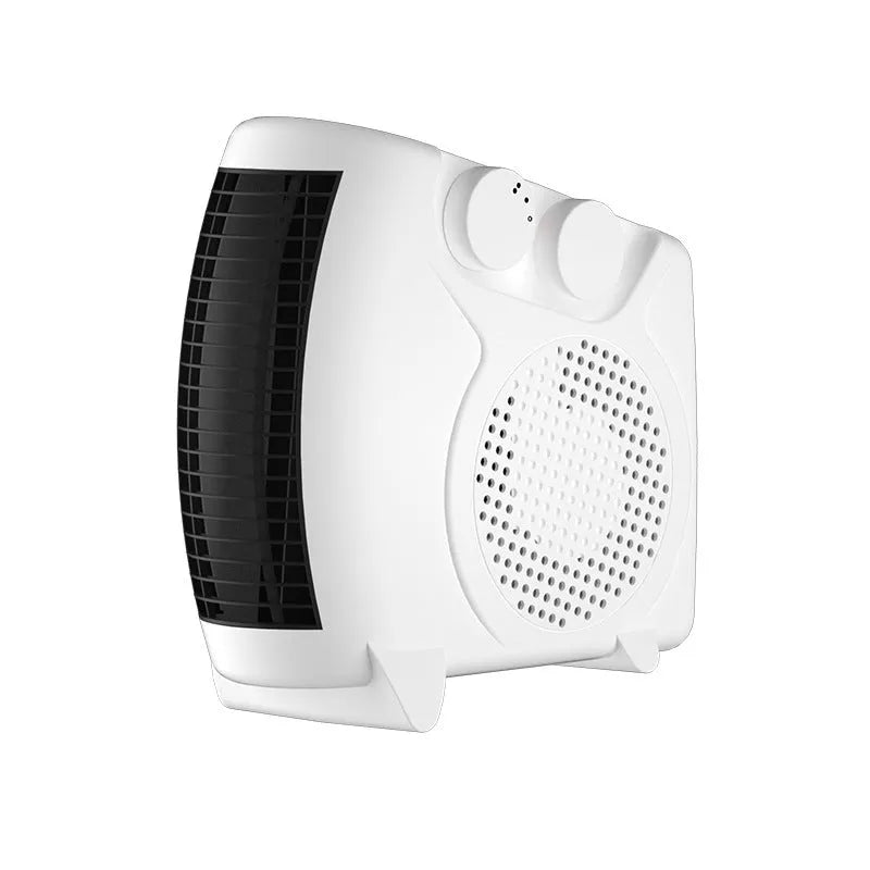 Small white desktop electric heater with power control, shown on a desk for scale