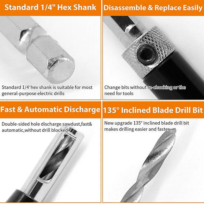 Black high speed steel hinge drill bit set with hexagon handle for woodworking hole opening