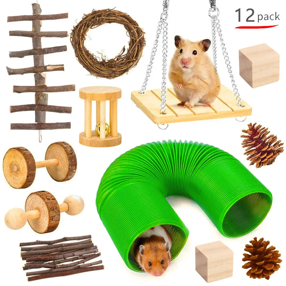 Assortment of wooden chew toys for small pets including straw mats and woven balls.