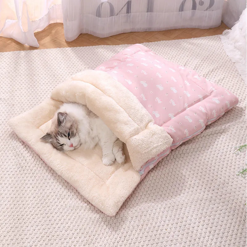 Foldable cat bed sleeping bag with detachable mat in North Pole Wool and Twill Fabric, Pink and Yellow, sizes M and S