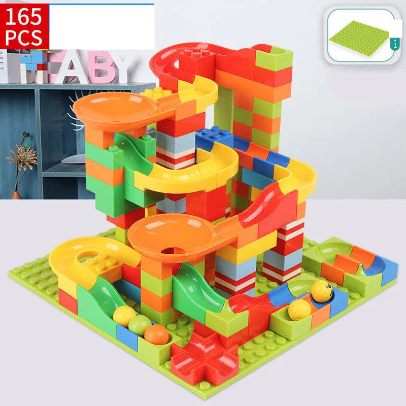 168-336 piece plastic building block set with race run track and funnel slide in colour box packaging