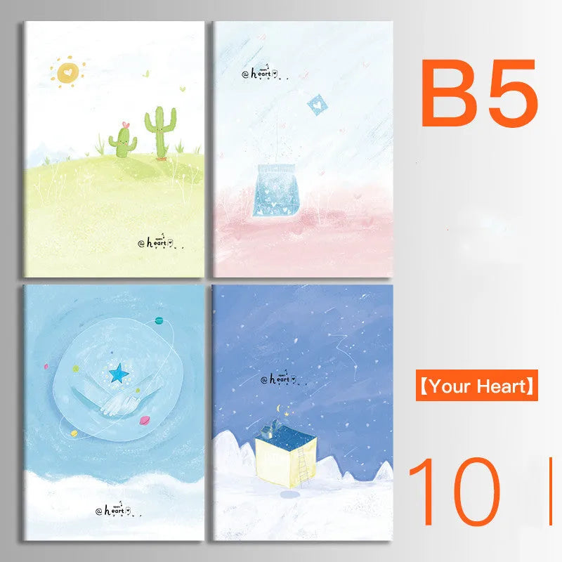 Ten soft cover thread-bound notebooks in A5 and B5 sizes with various designs
