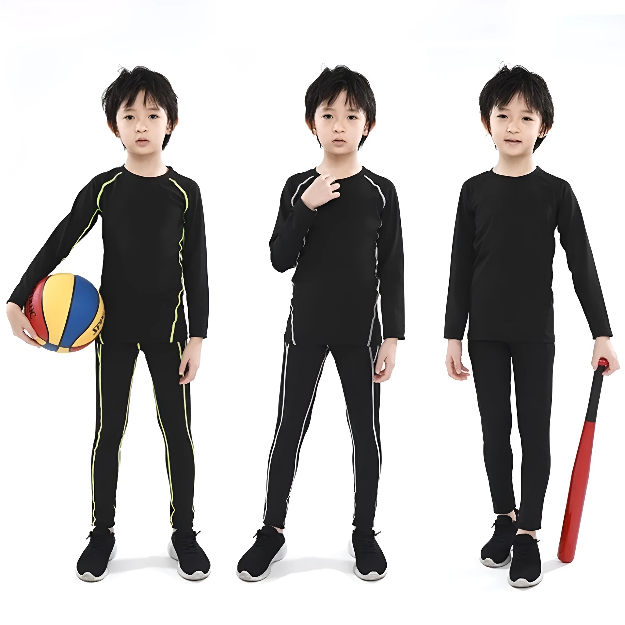 Fitness tights set adults children thin fleece-lined cotton blend solid colour top trousers black green grey orange