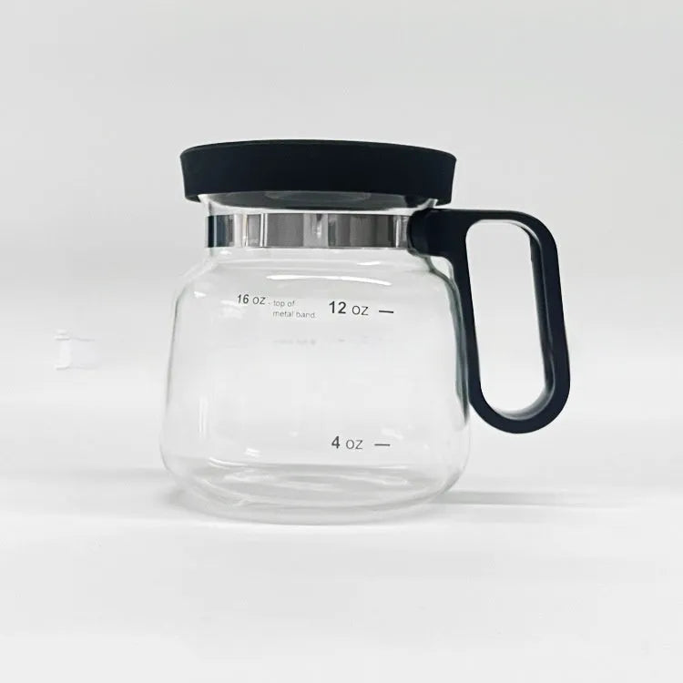 Transparent glass coffee maker with silicone cover showing pour-over design for 355ml to 473ml capacity