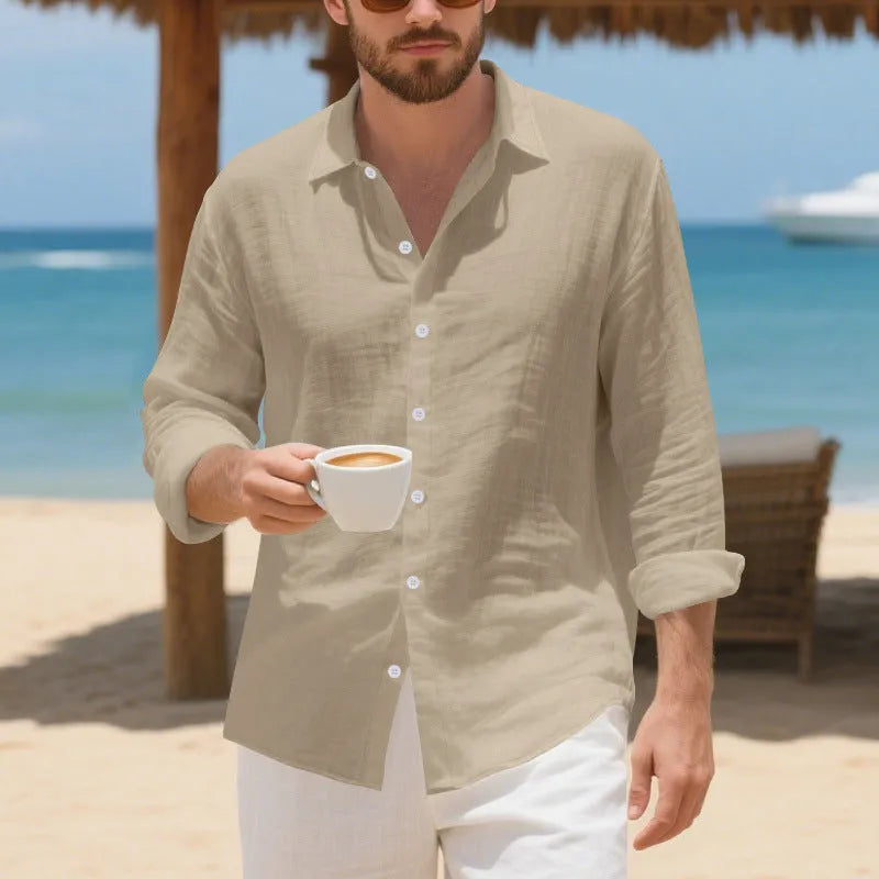 A man's loose-fitting casual linen shirt in a light colour, showcasing the non-iron style.