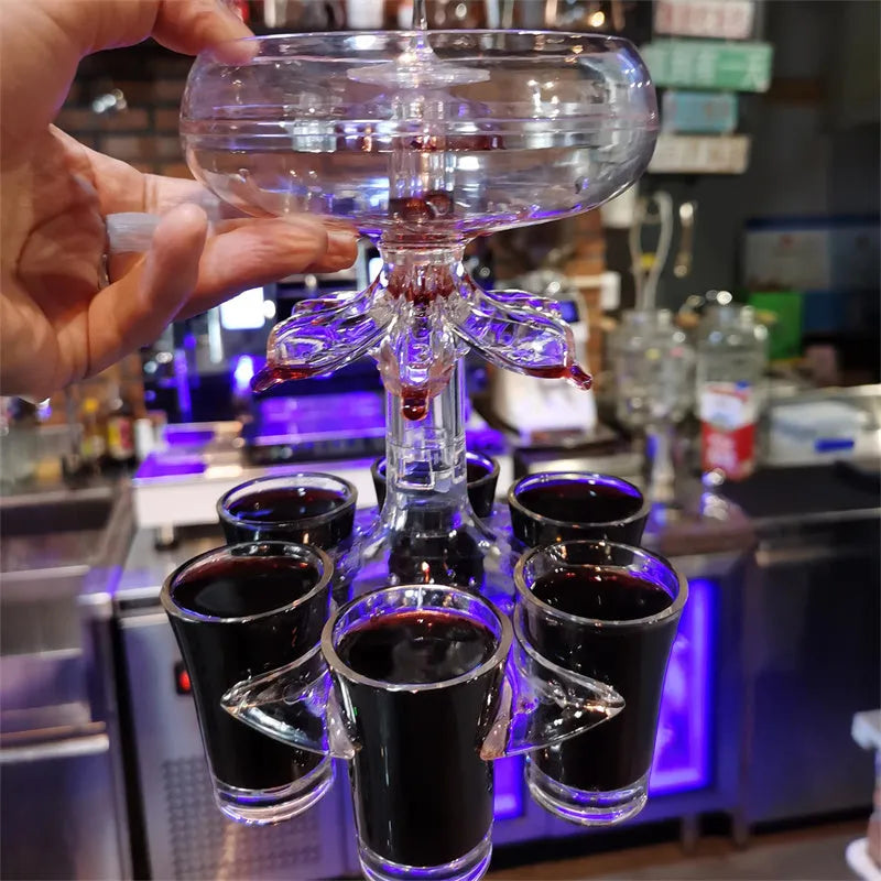 Clear PMMA 6-shot glass dispenser rack holding six shot glasses, a bar accessory for parties.