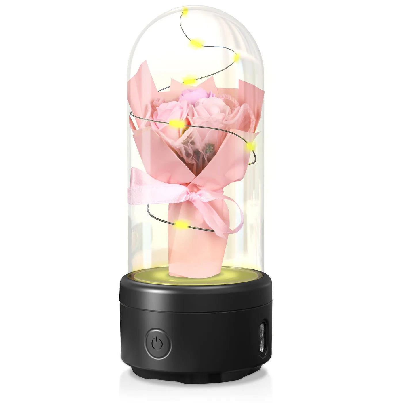 LED bouquet night light with Bluetooth speaker inside a glass cover on a black base.