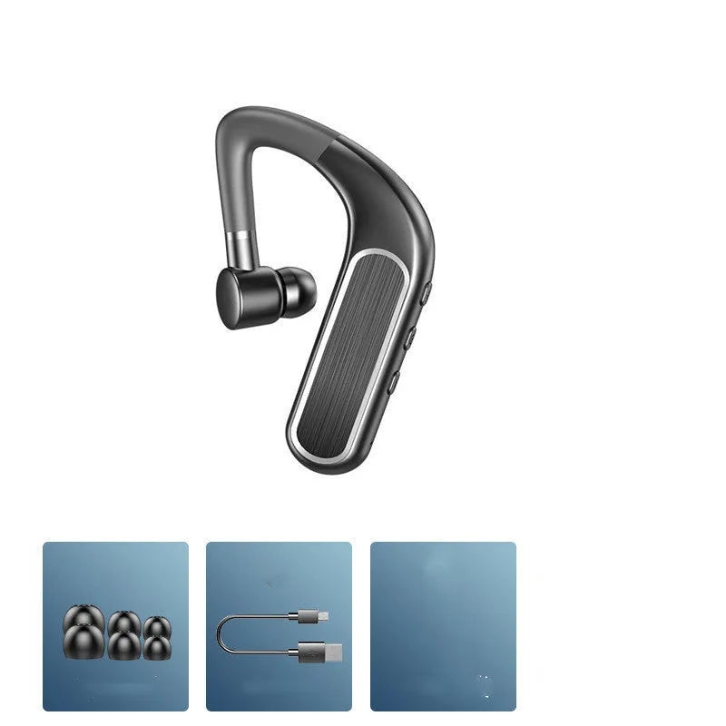 Black Bluetooth earphones with hanging ear design shown with three pairs of silicone ear caps and charging cable