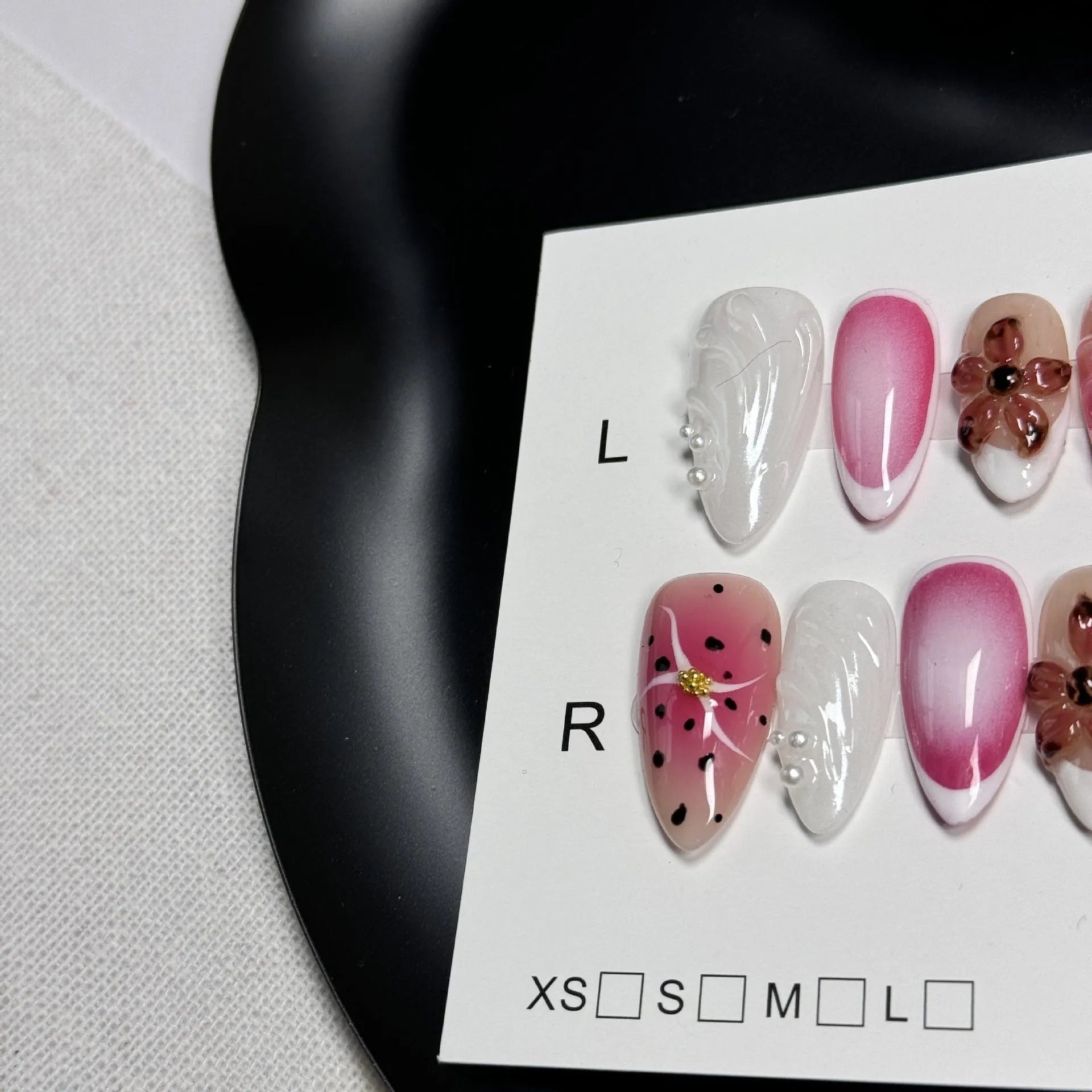 Hand-painted 3D carved nail art patches in almond shape and candy colours, sizes XS to L.