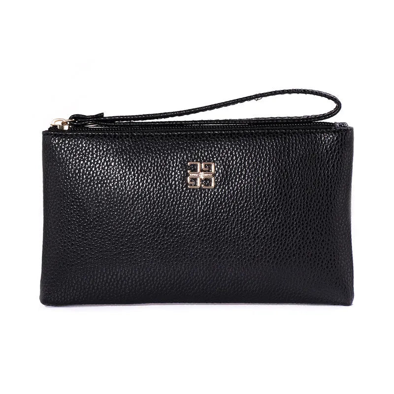 Long 55-inch chain PU leather wallet handbag with a zipper, shown in a choice of colours.