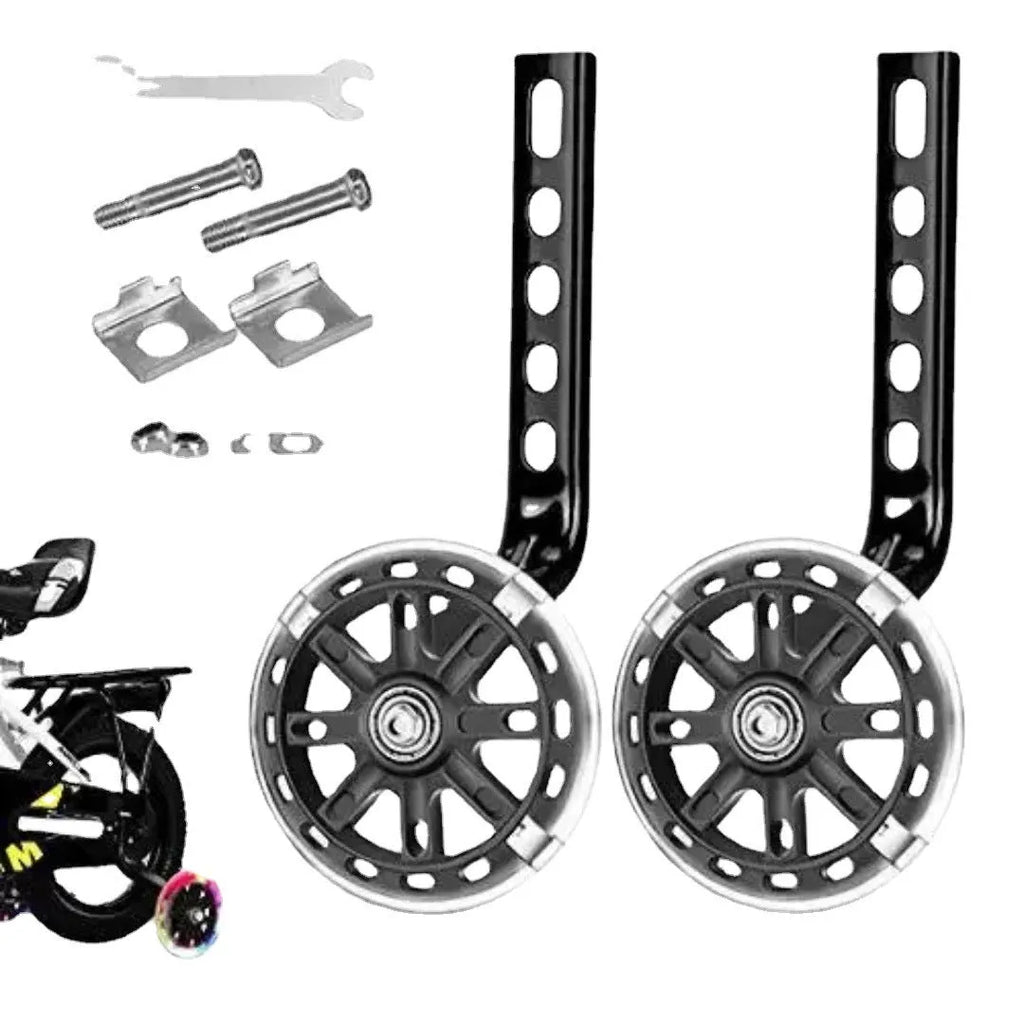 Children's bicycle training wheels kit with universal bracket, shown in assorted colours.