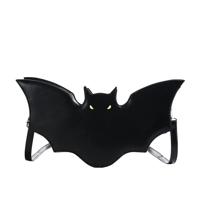 Black PU Halloween bat shaped shoulder messenger bag with crossbody strap on white background
