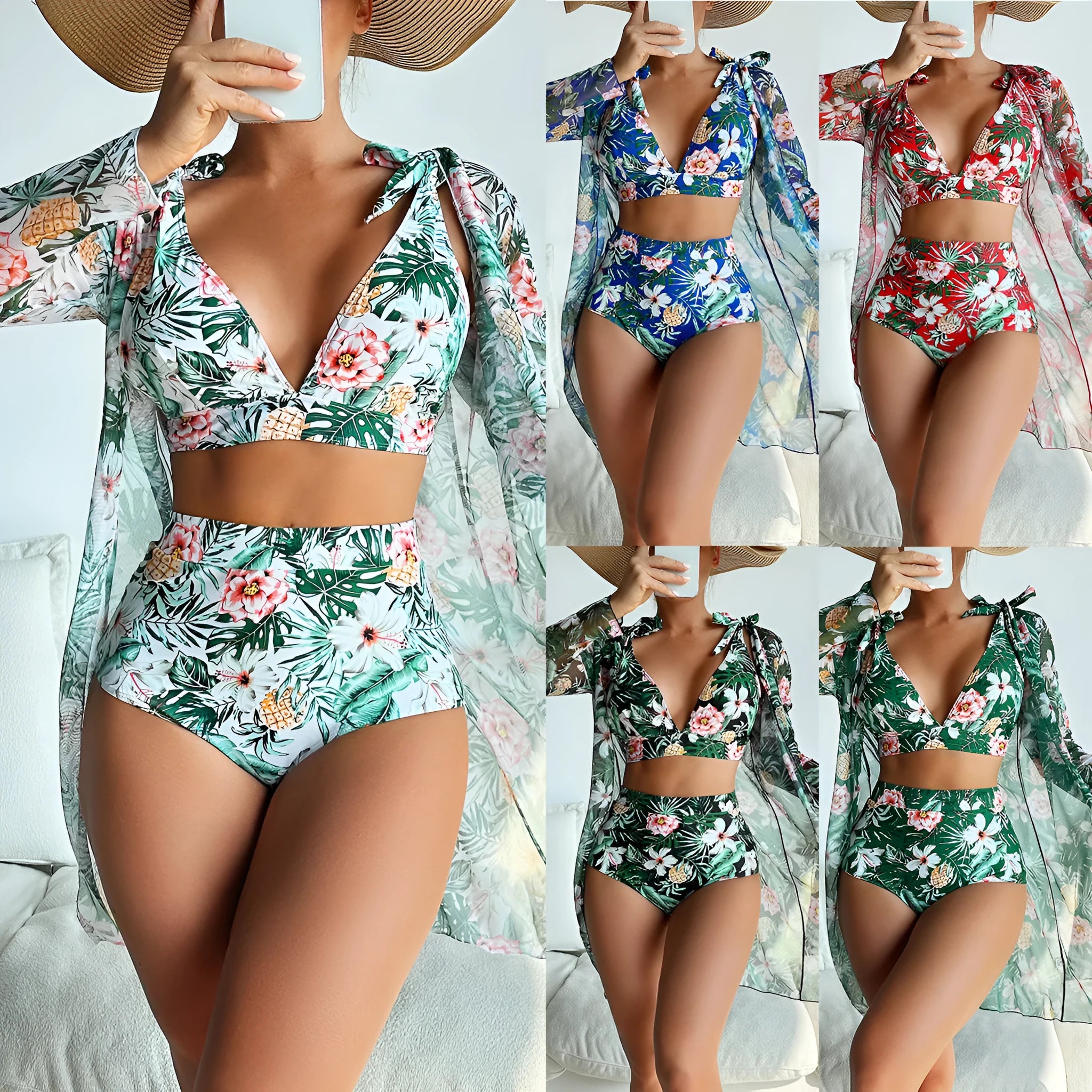 Women's printed three-piece bikini set with bra, shorts and sunscreen shirt in multicolour patterns