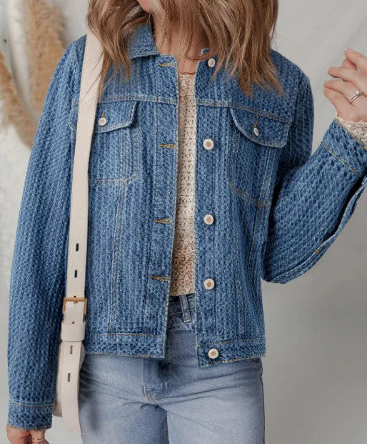 Blue double flap pocket denim textured button down jacket for women front view
