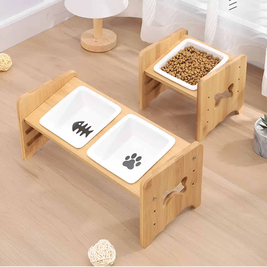 Adjustable cat dog bowl with bamboo base and ceramic feeding bowl in white, 3-layer height settings