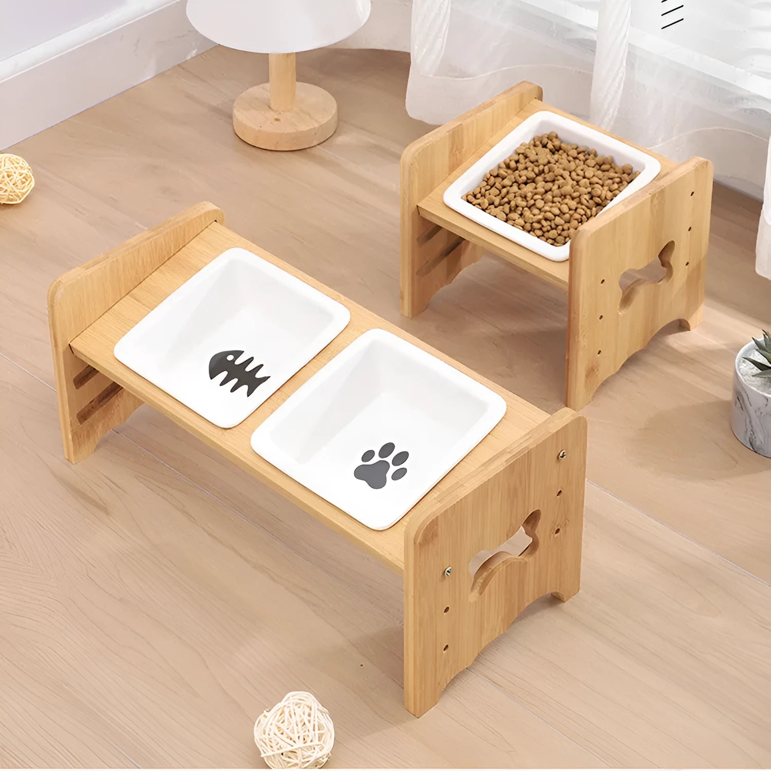 Adjustable cat dog bowl with bamboo base and ceramic feeding bowl in white, 3-layer height settings