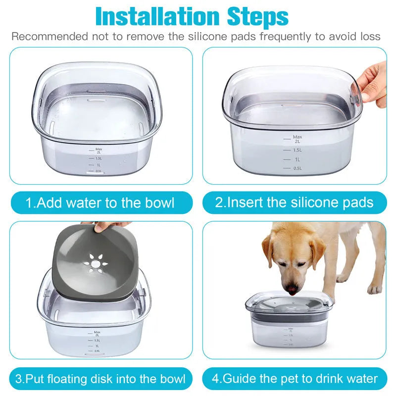 Transparent 70oz dog water bowl with floating disc showing visible water level measurement