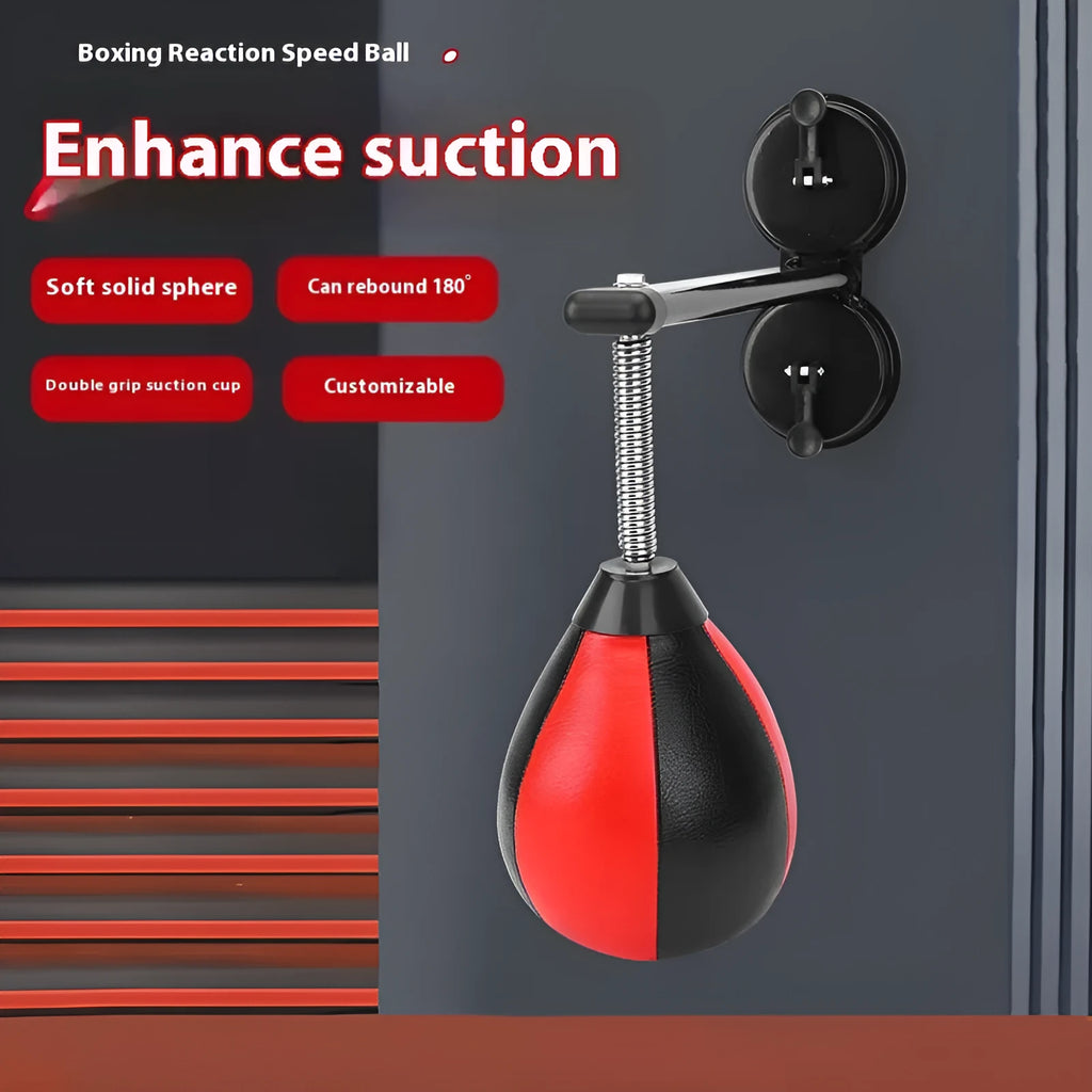 Inflatable pear-shaped red and black boxing punching ball on elastic rope with suction cup wall mount.