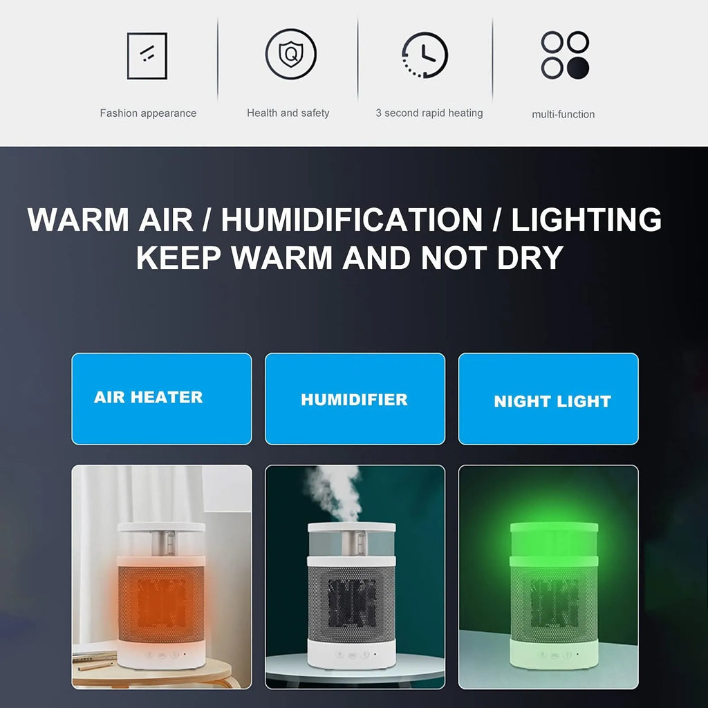 White 3 in 1 portable space heater with 400ml humidifier and colourful night light on a desk