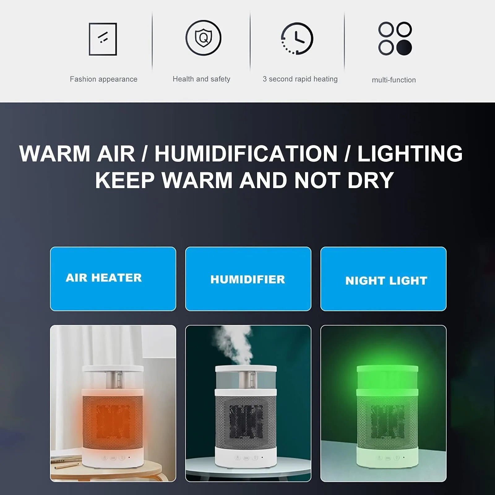 White 3 in 1 portable space heater with 400ml humidifier and colourful night light on a desk