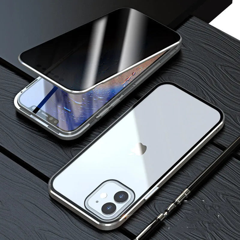 Magnetic anti-spy tempered glass back cover case for iPhone in black, shown on a phone.