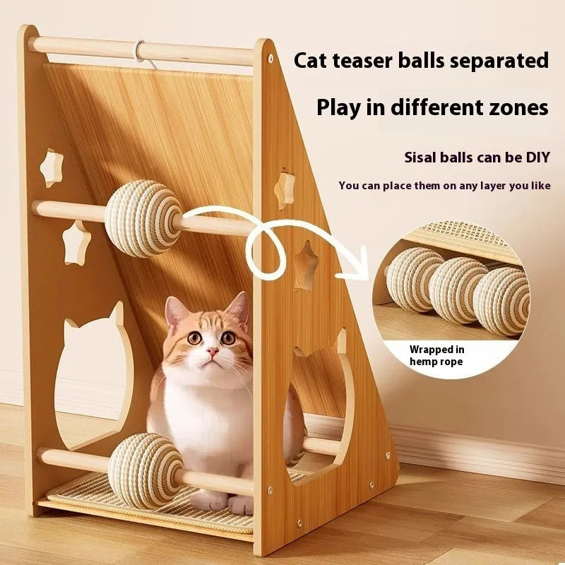Vertical wall-mounted cat scratch board with sisal surface and a hemp rope ball toy.