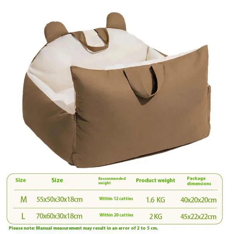 Removable washable dog car kennel in beige, shown in M and L sizes for vehicle travel.