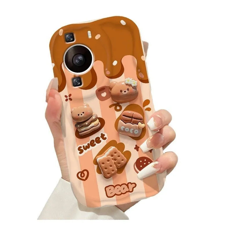 Cream pattern silicone phone case with chocolate bear doll lanyard for Apple iPhone 15 Pro