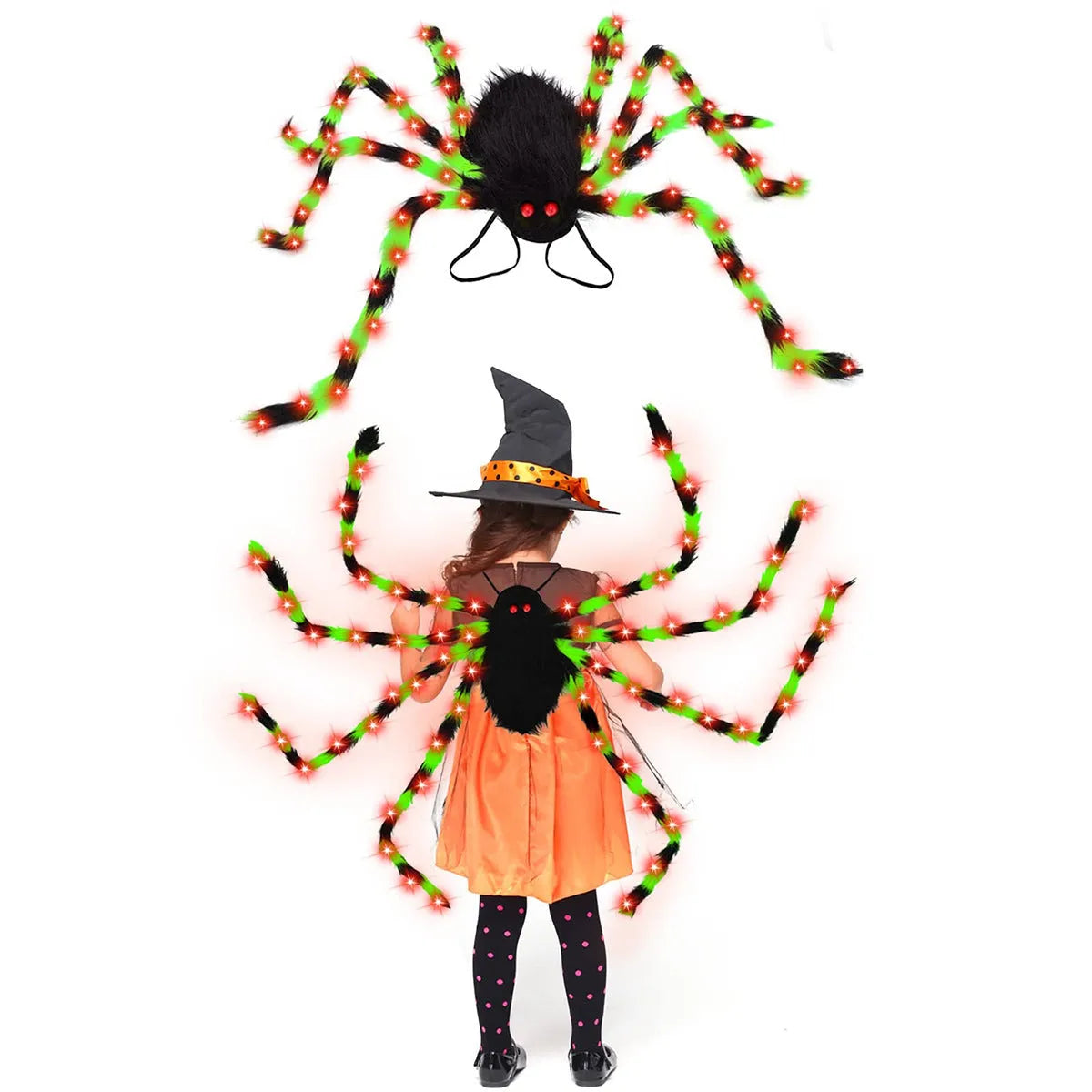 Orange Halloween spider backpack with glowing LED lights on a model, showing plush fabric.