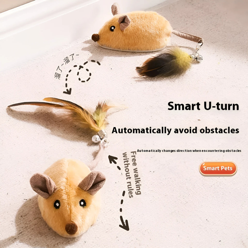 Grey and yellow electronic charging simulation mouse cat toy with feather tail decorations.