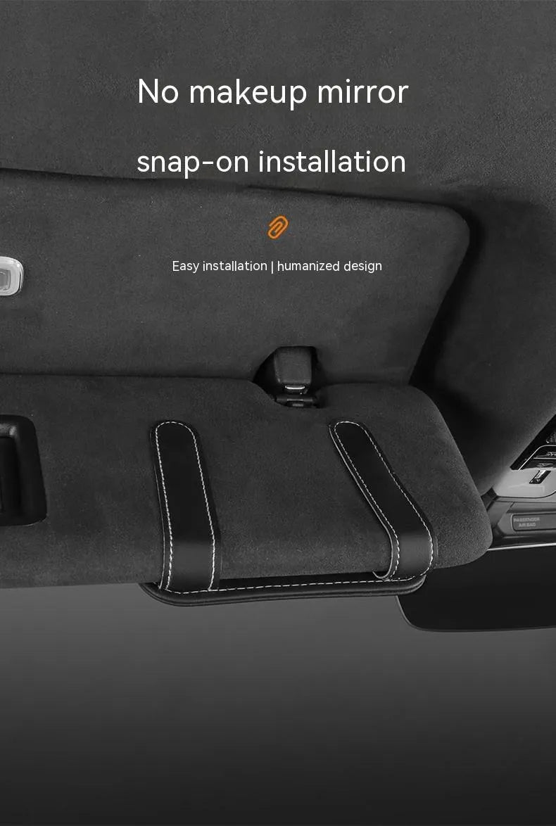 Leather sun louver card holder with glasses clip for car organisation in multiple colour options