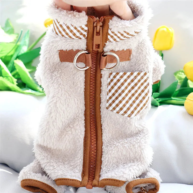 Plush fleece four-leg dog jumpsuit coat with back zipper for small breed winter warmth