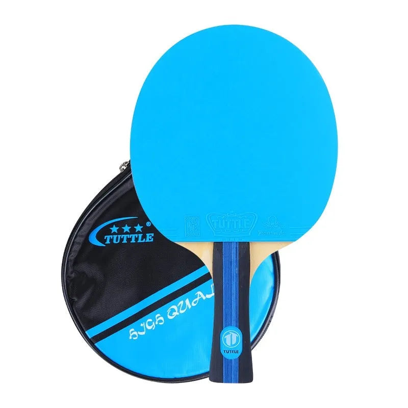 Table tennis racket with protective cover in choice of pink, blue or green colours with long handle shakehand grip