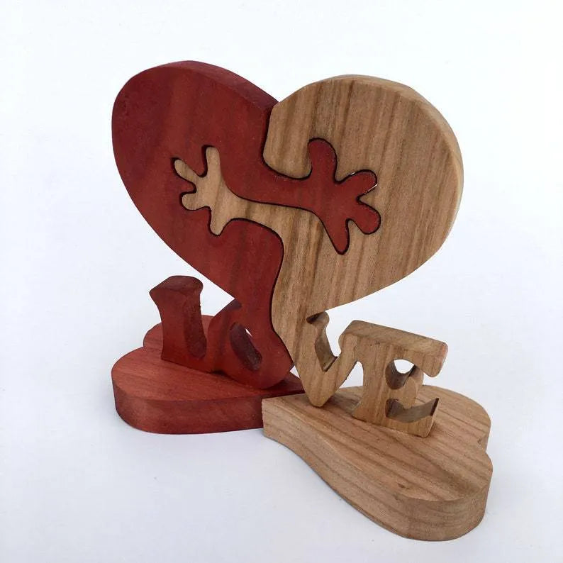 Wooden heart love desktop ornament with engraved modern minimalist geometric design in colour A, 10x13x2cm