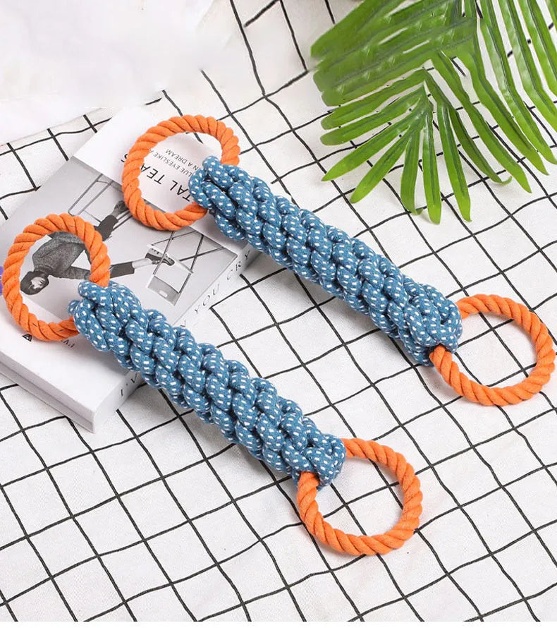 Blue double-ring cotton knot dog chew toy measuring 37cm with braided rope construction